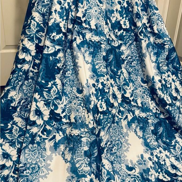 Sherri Hill Blue and White Bishop Sleeve Prom Dress - Picture 2 of 15